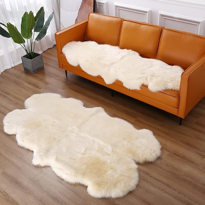 HUAHOO Premium Genuine Sheepskin Rug Beige Real Australia Sheepskin Natural Luxury Fluffy Lambskin Fur Area Rug Seat Covers for Kids Bedroom Sofa Chair Cover Pets Dogs Mat Quarto Pelt/4' x 6' Beige