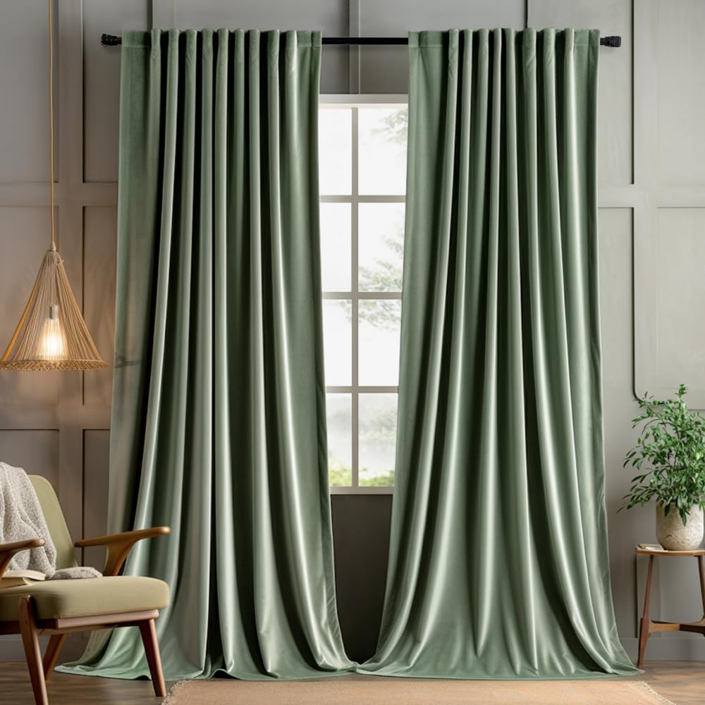 MIULEE Sage Green Velvet Curtains 120 inches 2 Panels - Pinch Pleated Luxury Room Darkening Window Drapes for Bedroom Living Room Blackout Thermal Insulated Super Soft, Back Tab Rod Pocket, W52 x L120