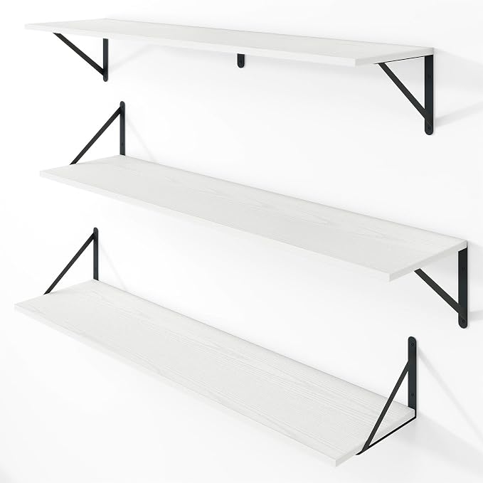 Vivelove White Deep Floating Shelves for Wall, 36W x 8D Wood Wall Shelves Set of 3, Wide Floating Bookshelf for Living Room, Kitchen, Office, Bedroom and Decor Storage, with Black Bracket - White