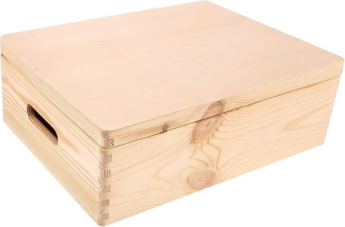 Creative Deco XL Wooden Storage Box with Hinged Lid | 15.8x11.8x5.5in (+-0.5) | Keepsake Unfinished Plain Unfinished Gift Box with Handles for Tool Toy Kitchen Jewelry | ROUGH & UNSANDED Wood Trunk