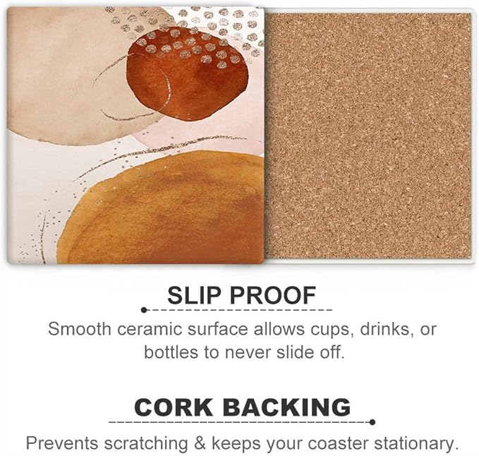 Drink Coasters for Drinks Set of 6, Terracotta Navy Orange and Gold Abstract Modern Art Absorbent Square Ceramic Stone Mat Coaster, with Cork Base and Metal Holder, Home Bar Decor House Warming Gift