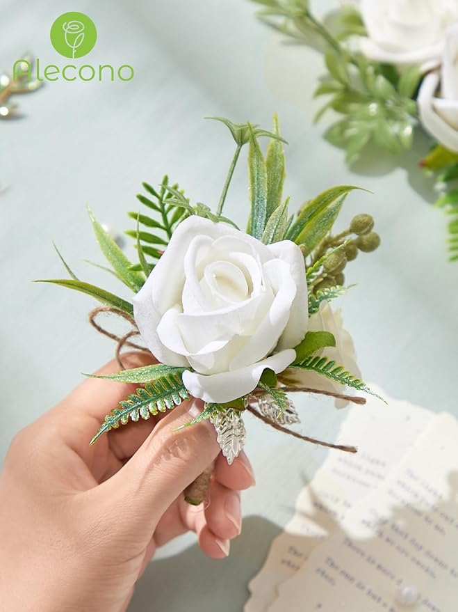 Alecono White Corsage and Boutonniere Set, Rose Bride Wrist Corsage and Groom Boutonniere for Wedding Prom Flower Accessories Suit Decorations