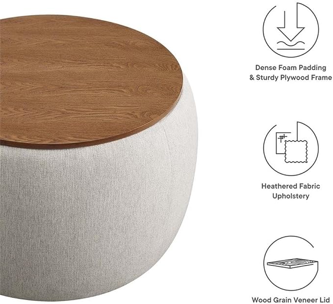 Modway Perla 26 Inch Round Storage Ottoman with Tray Lid in Ivory Fabric -Heathered Fabric Ottoman - Versatile Footrest - Woven Coffee Table - Side Table - for Living Room