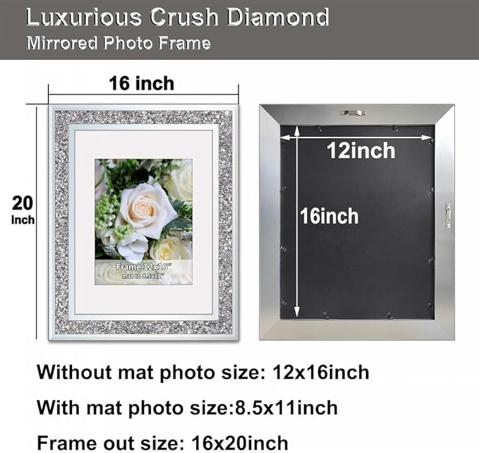 ALLartonly Mirror Photo Frame 12x16inch Mat To 8.5x11” 2 Pack, Crushed Diamond Bling Boarder, Crystal Glass Front , Wedding Picture Poster Frame, Diploma Frames Wall Certificate Document Frame.