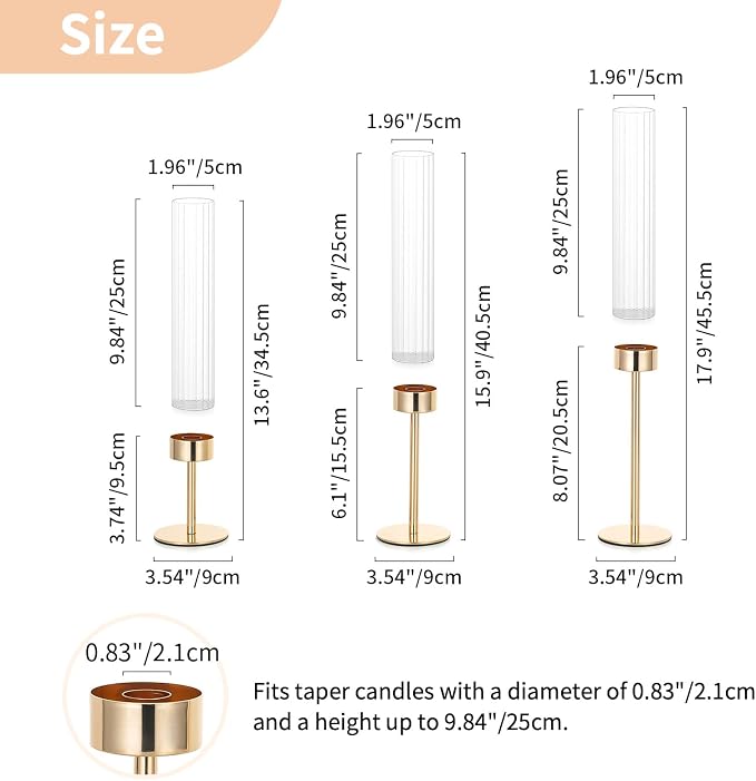 NUPTIO Tall Candlestick Holders for Centerpiece: Hurricane Candle Stick Holders with Ribbed Glass Sleeve - Gold Metal Candleholder Set of 3 for Table Fireplace Living Room Decor