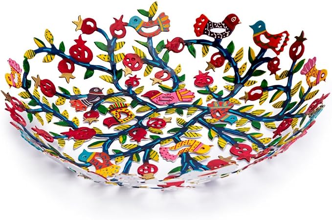 Emanuel Yair Decorative Metal Fruit Bowl | Vibrant Hand Painted Bowl | Hangable Centerpiece for Home Decor and Gifting | Judaica Art (10 inch, Pomegranate Tree)