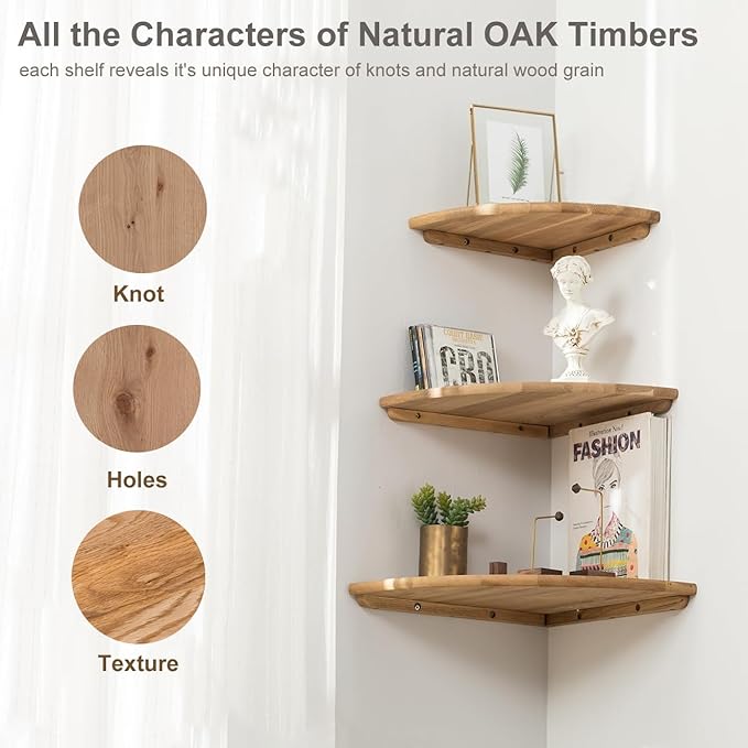 Corner Shelf,16inch Natural Oak Solid Wood Floating Corner Shelves Wall Mount Round End Floating Speaker Rack with Wire Hole for Small Plant for Bedroom Kitchen, Living Room