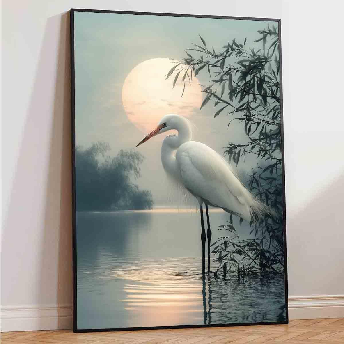 White Heron Wall Art Watercolor Heron Print Vintage Crane Bird Pictures Japanese Crane Painting Watercolor Bird Artwork Sunset Abstract Wall Art Coastal Living Room Decor 16x24inch No Frame