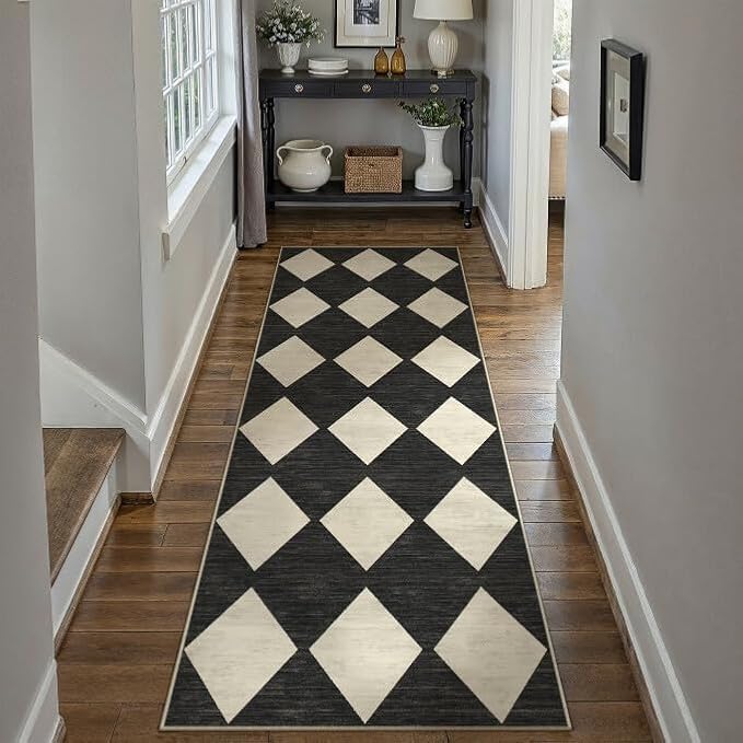PureCozy Checkered 2x6 Runner Rug for Hallways Black and White Washable Long Carpet Non-Slip Low Pile Modern Soft Indoor Accent Throw Rugs for Entrance Kitchen Bedroom Dining Laundry