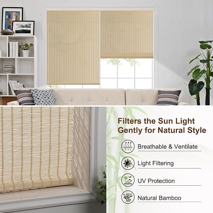 LUCKUP Cordless Bamboo Roman Shades, Light Filtering Bamboo Blinds for Windows Indoor, UV Protection Natural Roll up Roman Shades 30" Wx64 H, Natural