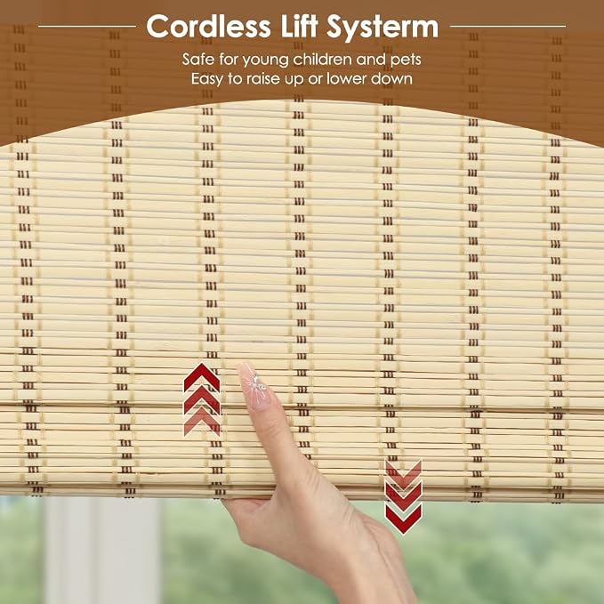 Cordless Bamboo Roman Shades, Light Filtering Bamboo Blinds Shades for Indoor Windows, UV Protection Roll Up Blinds for Home, Office, 28" W x 64" H, Beige