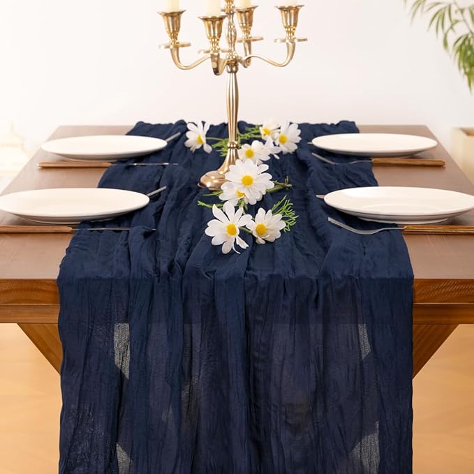 Socomi 3pcs Navy Blue Easter Spring Cheesecloth Table Runner Boho Rustic Gauze 120 inch 10FT Cheese Cloth Runner for Wedding Party Baby Shower Birthday Home Decor Holiday Decorations