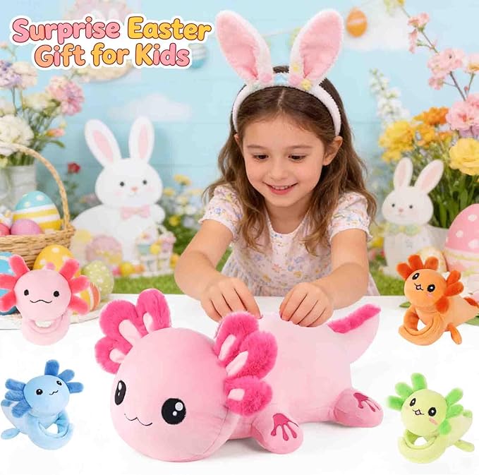 5 Pcs Axolotl Plush Toys for Girls Boys, 18.5" Mommy Axolotl Stuffed Animal with 4 Baby Axolotls Inside, Pink Stuffed Axolotl Salamander Plushies Pillow Toys Gift for Kids Easter Christmas Birthday