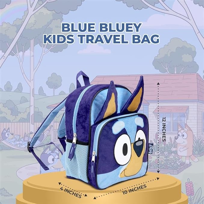BLUEY Backpack for Girls & Boys for Kindergarten & Elementary School, 12 Inch, Plush with 3D Ears & Appliques, Adjustable Straps & Padded Back, Lightweight Travel Bag for Kids