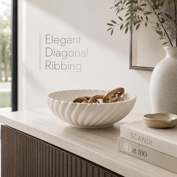 10'' Ceramic Decorative Bowl - Stylish Fruit Bowl for Kitchen Counter - Key Bowl for Entryway Table Decor - Large Decorative Bowls for Home Decor - Modern Home Decor Accents White