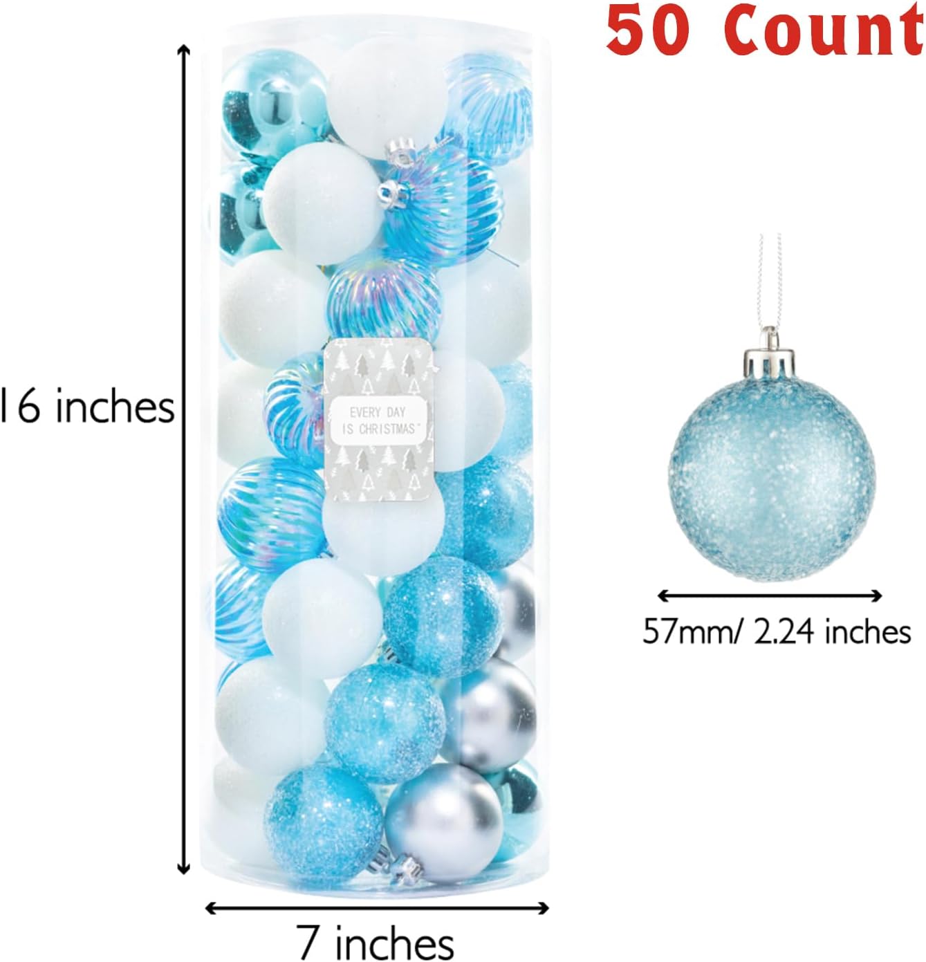 Every Day is Christmas Ornaments, Shatterproof Christmas Tree Ornament Set, Christmas Balls Decoration 50 Count (2.24"/57mm, Blue Silver)
