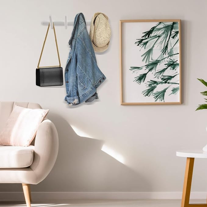 KYSMOTIC Modern Wood Coat Rack - Wall Mounted - White 4 Peg Coat Hooks - Hanging Clothes Robes Towels Hats
