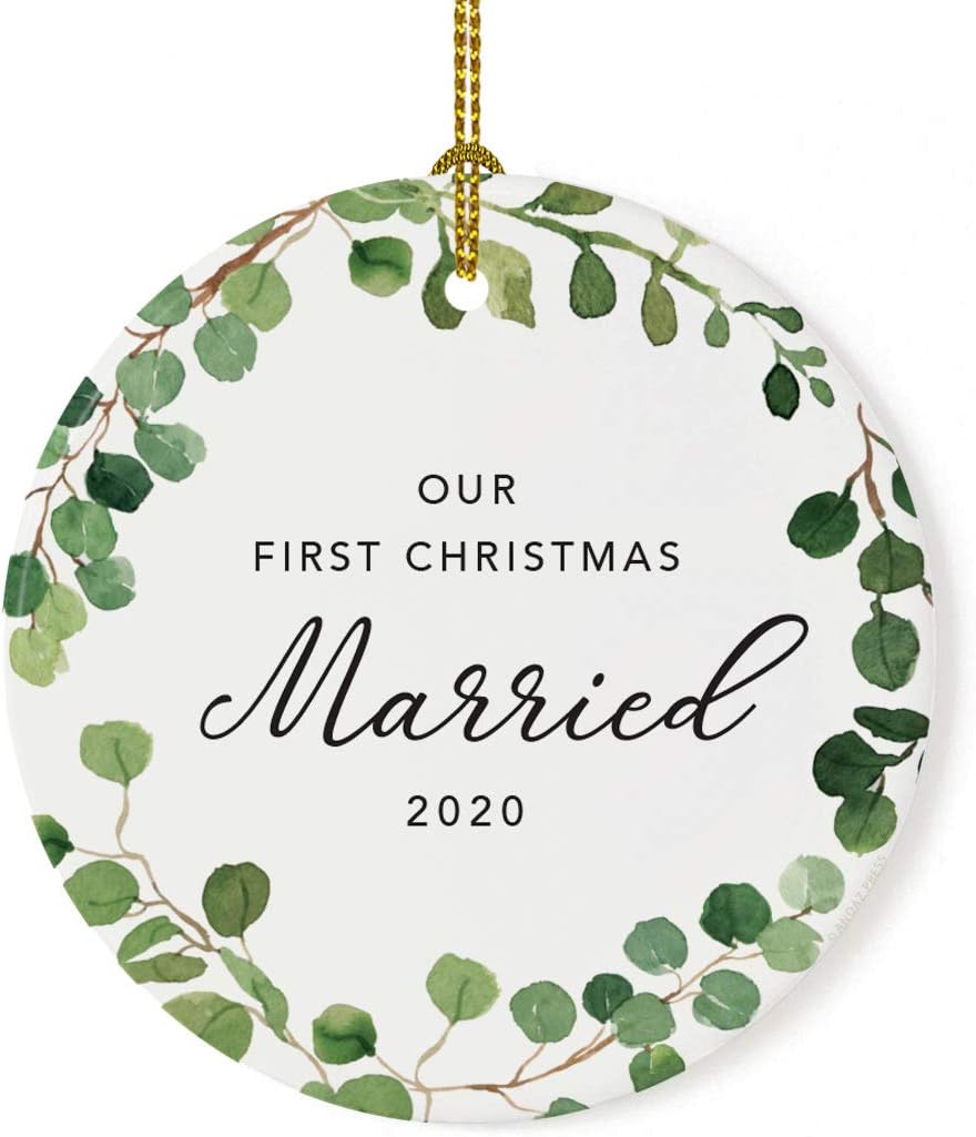 Andaz Press Custom Year Round Ceramic Porcelain Christmas Tree Ornament Keepsake Collectible Gift, Our First Christmas Married 2025, Farmhouse Eucalyptus Wreath, 1-PackCouple