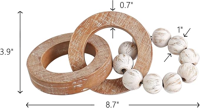 Oakrain Rustic Chain Link for Home Decor, Handmade Carved 3 Link Wood Knot & Wood Beads, Natural Boho Farmhouse Table Decor, Best Housewarming Gifts (2 Pcs, 8.7inch)