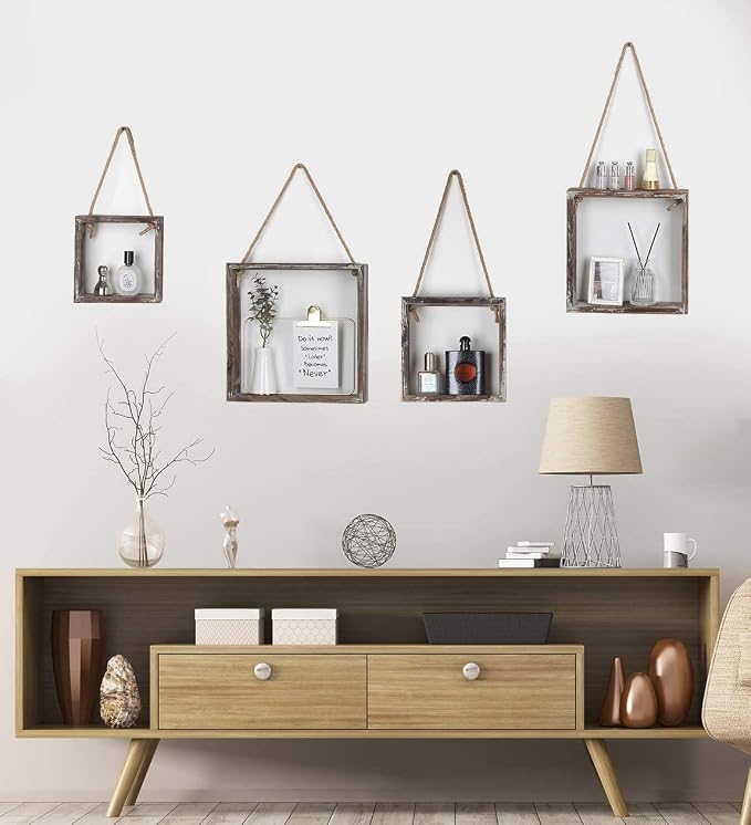 J JACKCUBE DESIGN Wall Decor Floating Hanging Square Shelves Wall Mounted Rustic Wood Cube Display Shelf Shadow Boxes Decorative Boho Home Décor for Living Room, Bedroom, Office, Set of 4 - MK571A