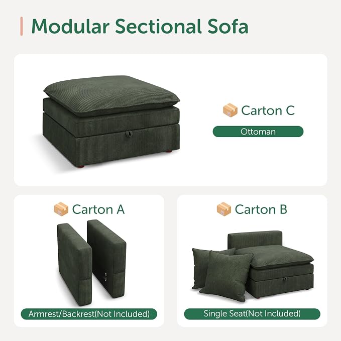HONBAY Corduroy Ottoman, 31.5 Inch Square Ottoman Bench with Storage for Living Room, Green
