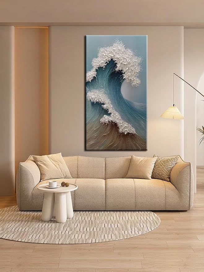 YaSheng Art : Large Abstract Wall Art, 3D Ocean Wave Canvas Wall Art, Hand-Painted Textured Seascape, Wall Art for Living Room Framed Ready to hang 24 x 48 inches