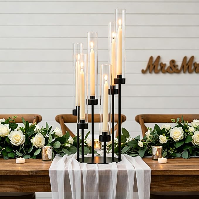 LETINE 6-Arm Black Candelabra, 23.96" Tall Candelabra Centerpieces for Tables with Glass Lampshade & Heavy Base, Vintage Tall Candle Stick Holder for Indoor Outdoor Wedding Party Decor.