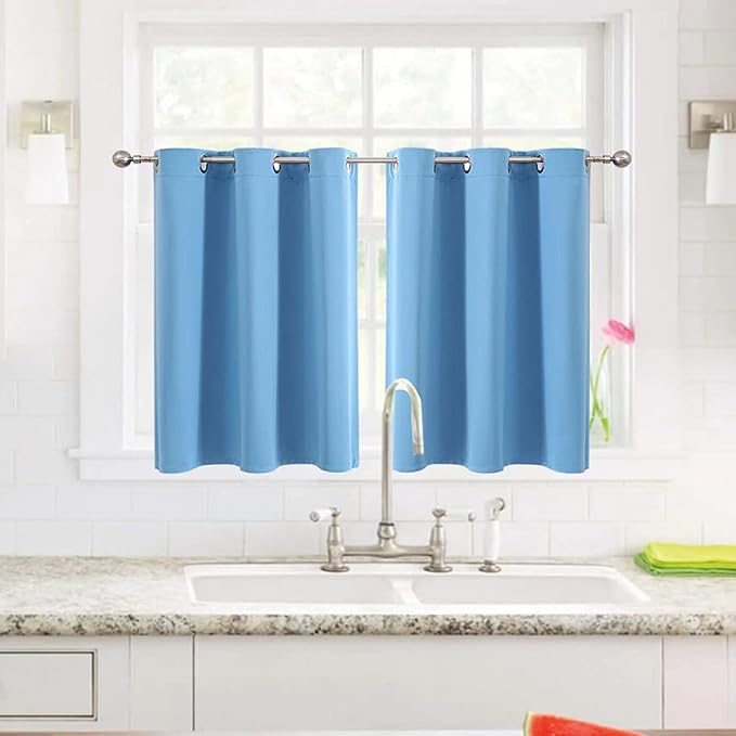 ChrisDowa Small Window Curtains for Kitchen and Bedroom - Grommet Short Thermal Insulated Room Darkening Curtains (2 Panels, Sky Blue, 34 x 36 Inch)