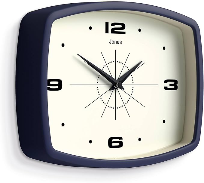 JONES CLOCKS® Movie Wall Clock | Rectangular Retro Clock | 25cm | Blue | Cool mid-Century Designer Look for Kitchen, Living Room or Office