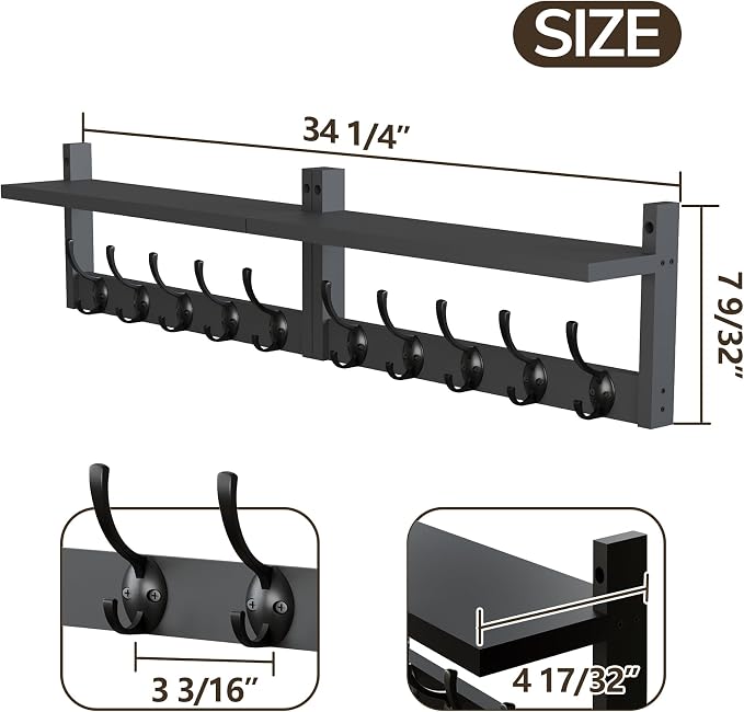 AMBIRD 34.2" Extra Long Wooden Wall Hook Rack with Shelf - Versatile and Decorative Wall-Mounted Storage with 10 Hooks for Coats, Hats, Keys - Ideal for Entryways, Bedrooms, Closets (Stylish Black)