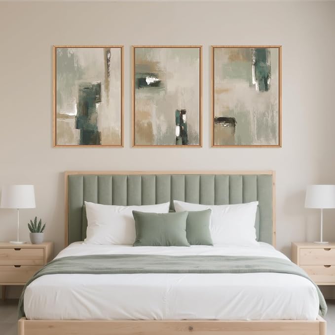 Large Abstract Green Brown Framed Canvas Wall Art,Modern Brush Stoke Wall Decor,Neutral Beige Grey Painting,Rustic Minimalist Artwork for Living Room,Bedroom,Dining Room,Office -24"x36"x3