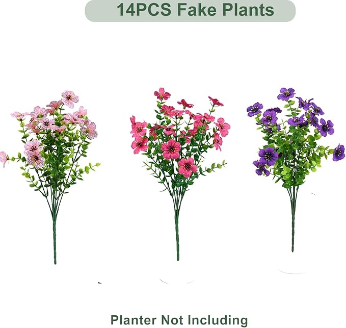 trytuny Artificial Flowers for Outdoor, UV Resistant Fake Silk Flowers, Realistic Faux Plants for Outside Indoor Porch Patio Window Box Planter Home Decor (14, Purple Rosy Pink)