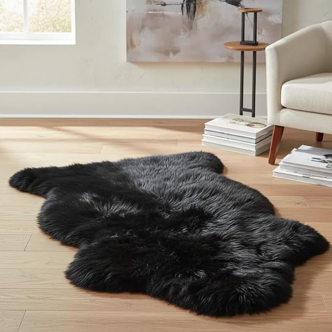 Genuine Sheepskin Rug 2x3 Ft – Soft & Fluffy Single Pelt Black Lambskin – Area Rug or Chair Cover Throw – Made in Argentina