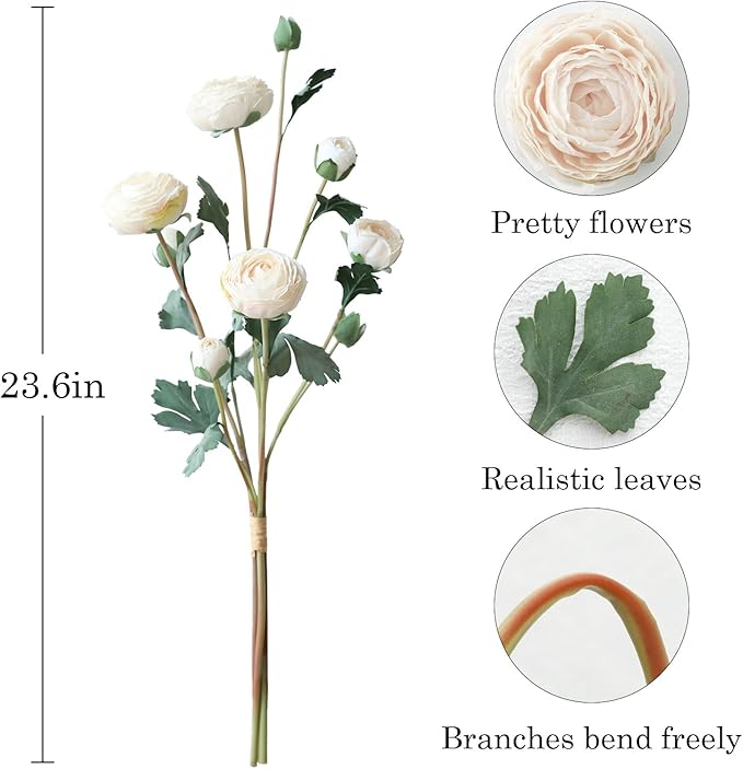 6Pcs Realistic Silk White Ranunculus Artificial Flowers Long Stems, 23.6" Tall Fake Flowers Faux Flowers Suit for Year-Round Home Decoration, Wedding, Bridal Bouquets, Office