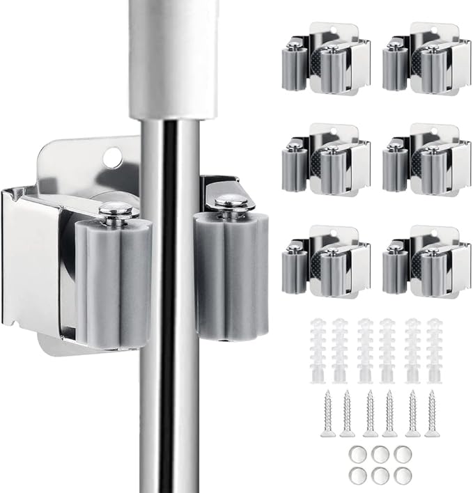 JAMEND CLXP 6PCS Broom and Mop Holder, Heavy Duty Garden Tool Organizer Rack Rake and Shovel Handle, Stainless Steel Mop Hanger. Wall Mounted Utility Rack with Screws, Silver.