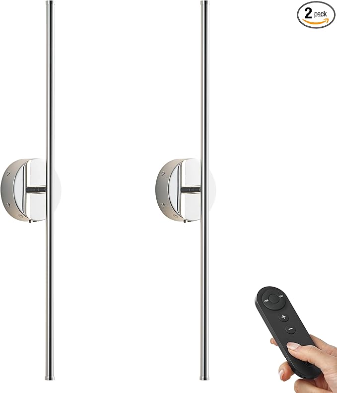 KARTOOSH Battery Operated Wall Sconces with Remote Control, Dimmable Wall Sconces Set of Two, 350°Rotate, 3000K LED Chrome Wireless Wall Light for Living Room, Bedroom,Hallway, 32.2 Inch (2 Pack)