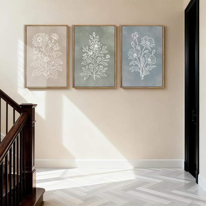 Anyzal Large Boho Botanical Framed Wall Art 16x24 Inch Minimalist Floral Canvas Wall Decor Farmhouse Plant Art Prints for Living Room Bedroom Dining Room Set of 3