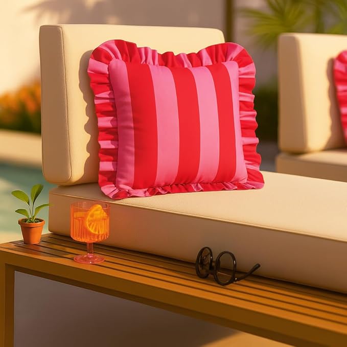 MONDAY MOOSE Decorative Throw Pillow Covers, Set of 2 Water-Resistant Striped Design with Ruffle Edge for Outdoor/Indoor Use, Pillow Inserts Not Included (22x22 inch, Hot Pink/Red)