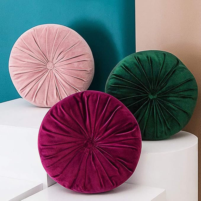 vctops Round Velvet Solid Color Chair Cushion Pumpkin Pleated Throw Pillow Home Decorative Floor Pillow Diameter 15" Purple Red