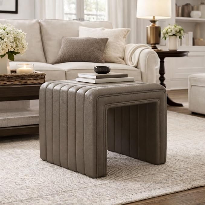 HomePop Modern Channel Tufted Faux Leather Ottoman|Homepop Home Décor|Ottoman for Living Room & Bedroom - Pewter Gray Faux Leather