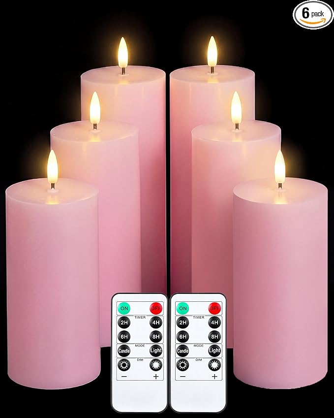 VIHOSE 6 Pack Pink Flameless Candles Set with Remote and Timer Flickering Flameless Battery Candles Flat Top LED Pillar for Wedding Outdoor Home Festival Decoration(D 3" H 6" 7" 8")