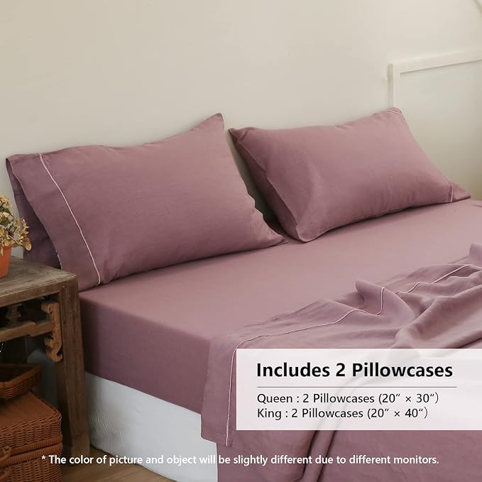 Simple&Opulence 100% French Linen Pillowcase King Size-Set of 2- Washed Solid Color Pillow Cases Embroidered -Soft and Durable (Purple, 20''x40'')