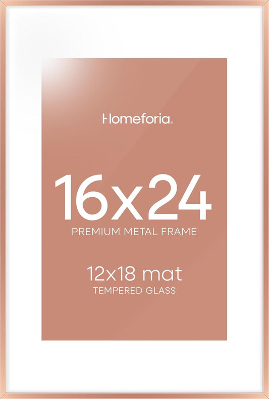 Homeforia 16x24 Picture Frame Rose Gold, High End Metal 16x24 Poster Frames with Mat 12x18 inch Photo, 16 x 24 Rose Gold Frame Matted to 12 by 18 Print, 24x16 Frame, Tempered Glass, Wall Kit, Set of 1