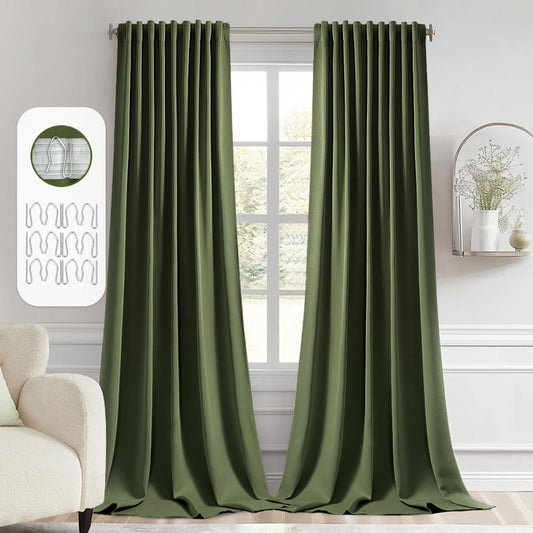 MIULEE Olive Green Back Tab Blackout Curtains 120 Inch Long 2 Panels Set for Bedroom, Rod Pocket/Pinch Pleated Extra Long Thermal Insulated Living Room Darkening Light Blocking 10FT Drapes