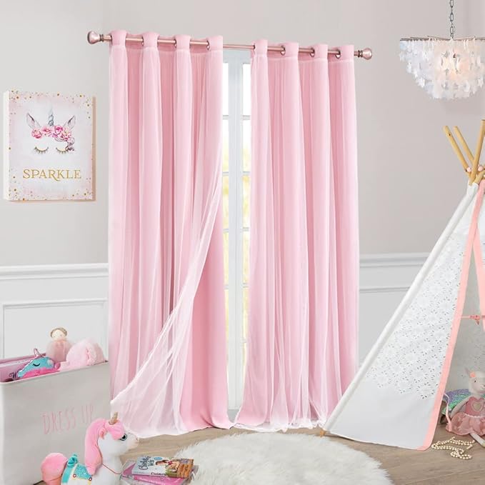 Pink Blackout Curtains with Sheer Overlay, 2 Panels, Thermal Insulated & Soundproof, Lace Trim for Bedroom, Nursery, Living Room - Modern Pink Drapes, Room Darkening Curtains, 52x84 Inches