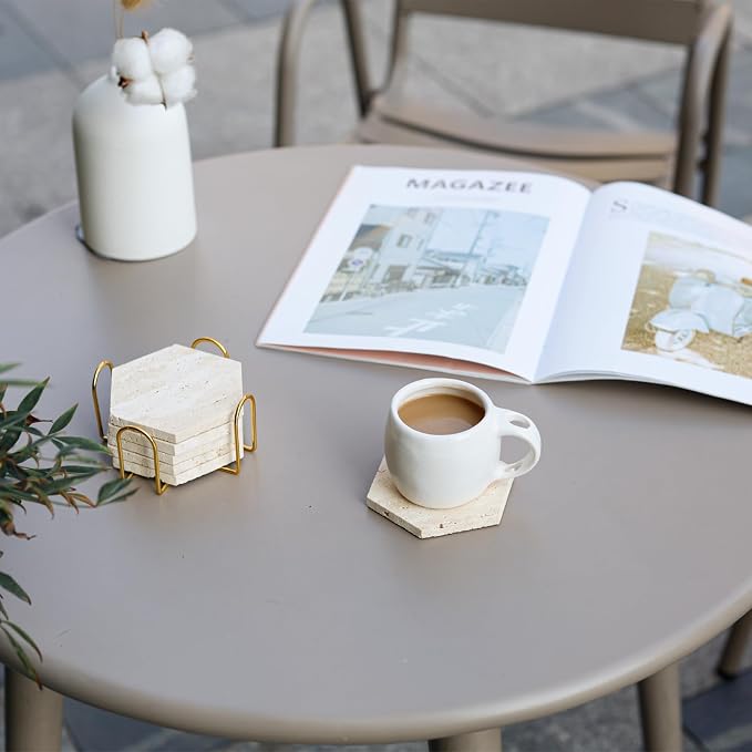 Travertine Coasters Set of 6 with Holder, Hexagonal Rustic Farmhouse Beige Marble Drink Coasters for Coffee Table Decor, Porous Stone Absorbent Coaster for Drinks, Velvet Backed