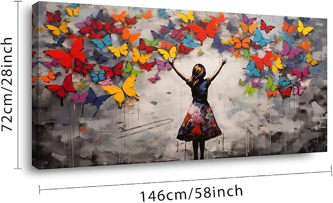 Graffiti Girl Wall Art for Living Room Canvas Oil Painting Prints Beautiful Butterfly Dream Art Deco Modern Artwork Office Bedroom Girls Dormitory Dining Room Decor Extra Large