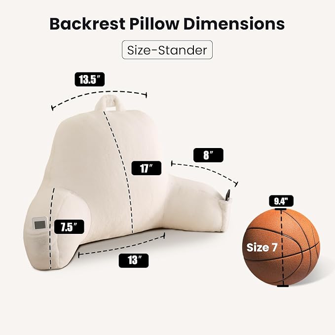 Soft Reading Pillow for Bed with Arms,Middle,White,Faux Fur | 17" Backrest for Gaming & Lounging,Oeko-TEX Certified Plush Back Pillow for Teens Room