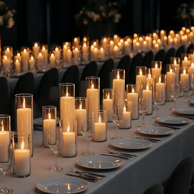 Set of 12 White Pillar Candles with Clear Glass Hurricane Holders- Elegant Cylinder Candle Vases for Weddings, Parties, Centerpieces, Home & Office Decor (White, 12 Set)