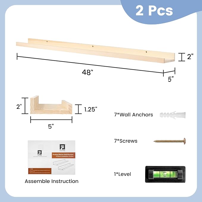 Picture Ledge Shelf for Wall, 48 inch Solid Pine Wood Nursery Book Shelves 2 Packs, Floating Ledge Shelves for Kids' Room Bedroom Bathroom Living Room Photo Frames Office Nursey Wall Decor, Natural